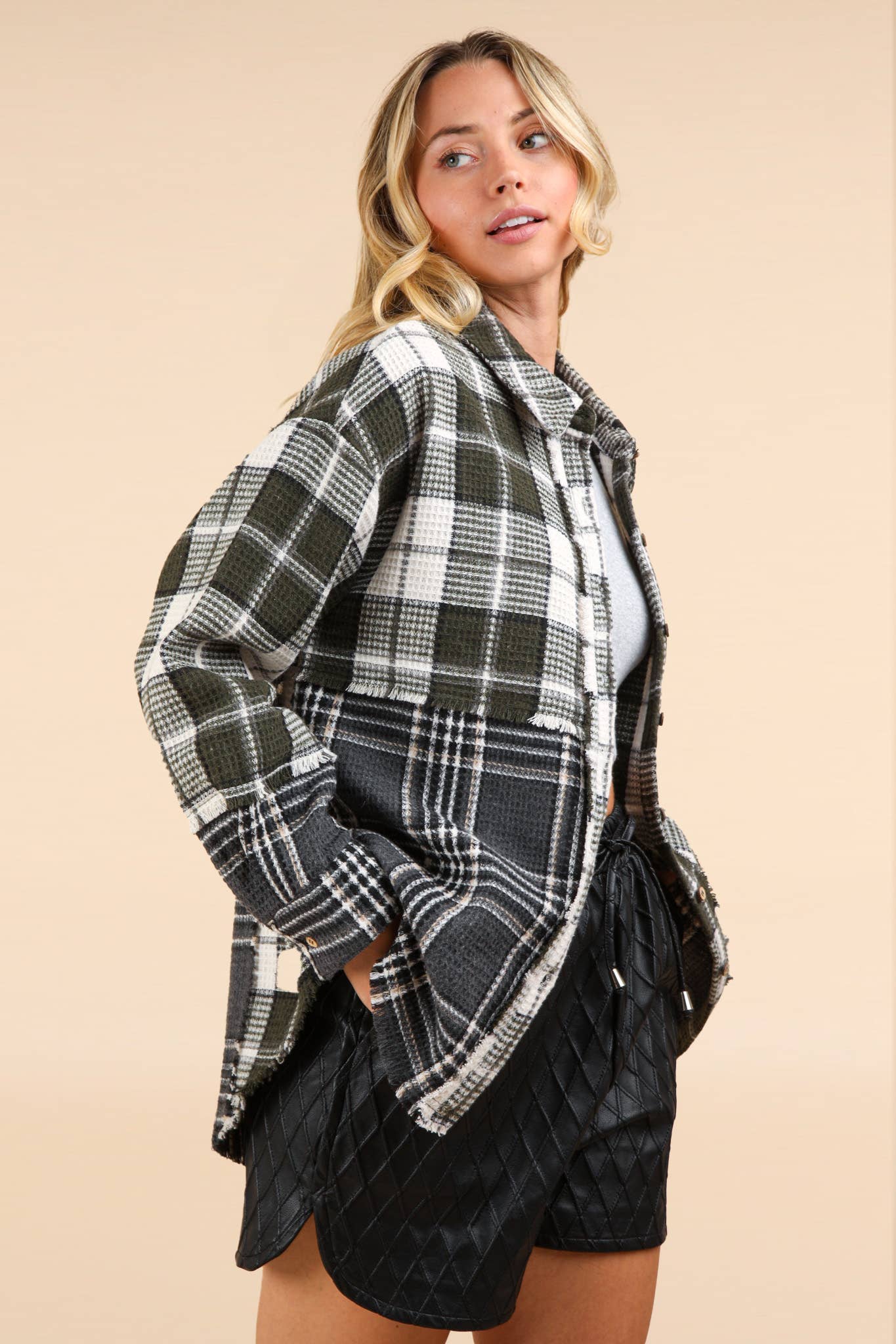 Mixed Plaid Oversized Casual Shacket Jacket