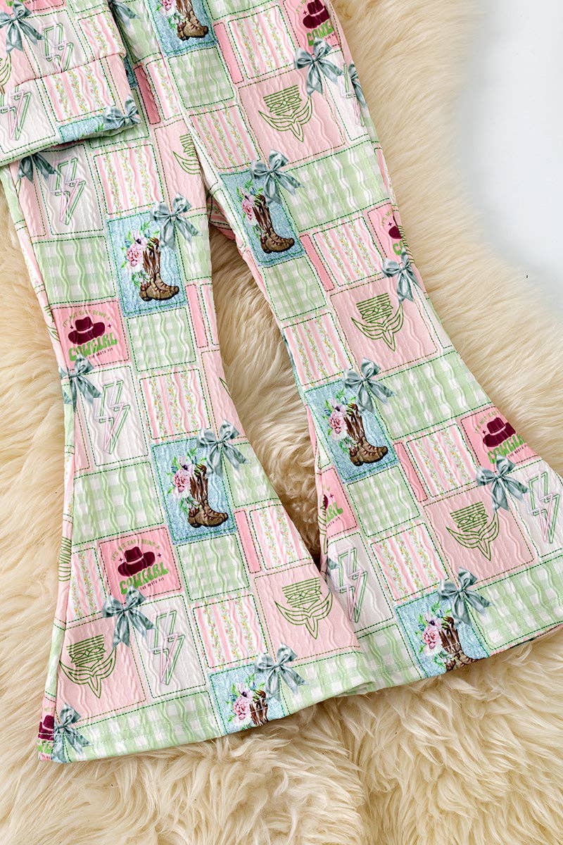 Multi- printed western patch girls 2 piece set.