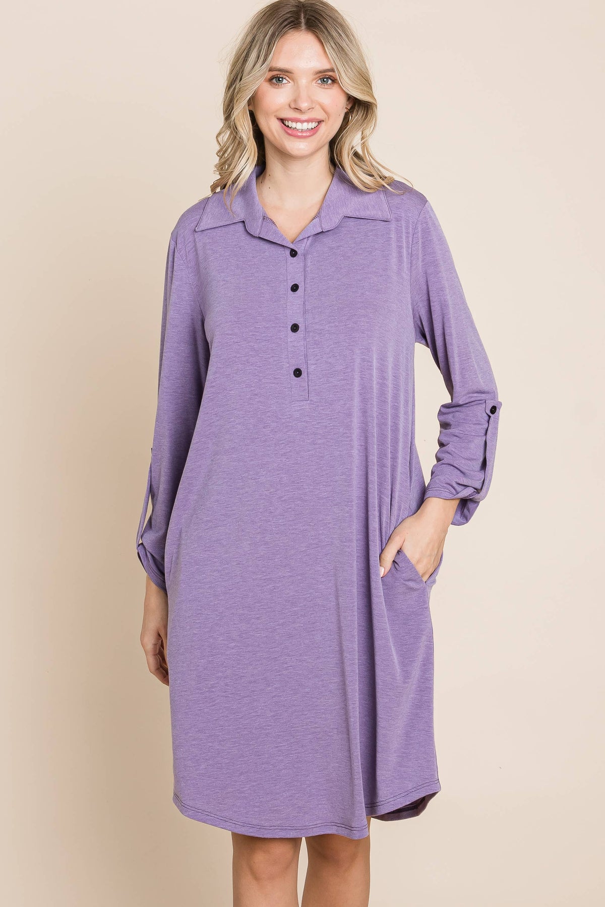 Solid Button Up Knee Dress