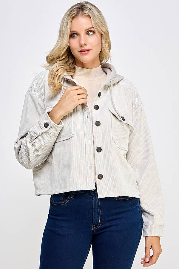 Women Corduroy Oversized Shacket, Hooded Shirt Jacket