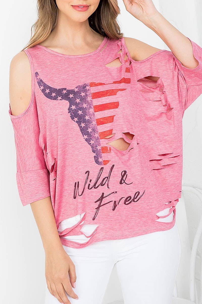 BULL HEAD  WILD N FREE  DISTRESSED BATWING TOP