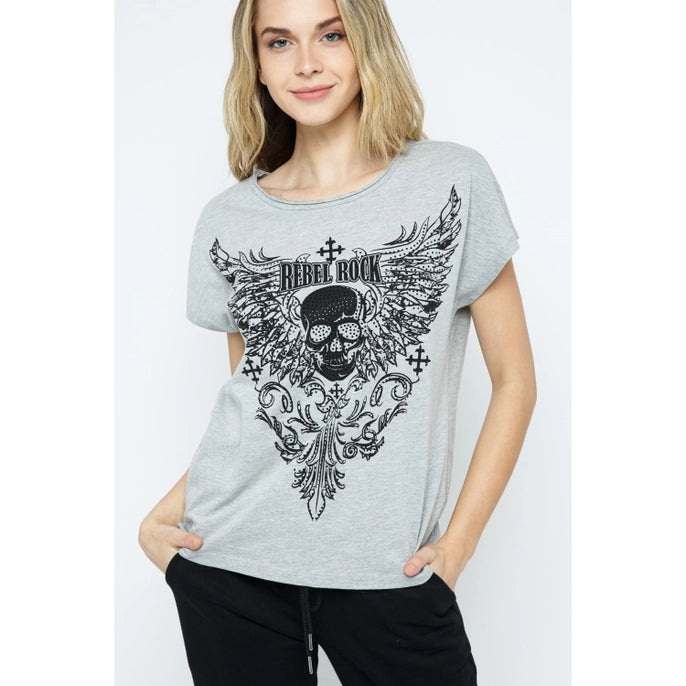 Wing Skull Printed with Rhinestone Short Sleeve Knit Top