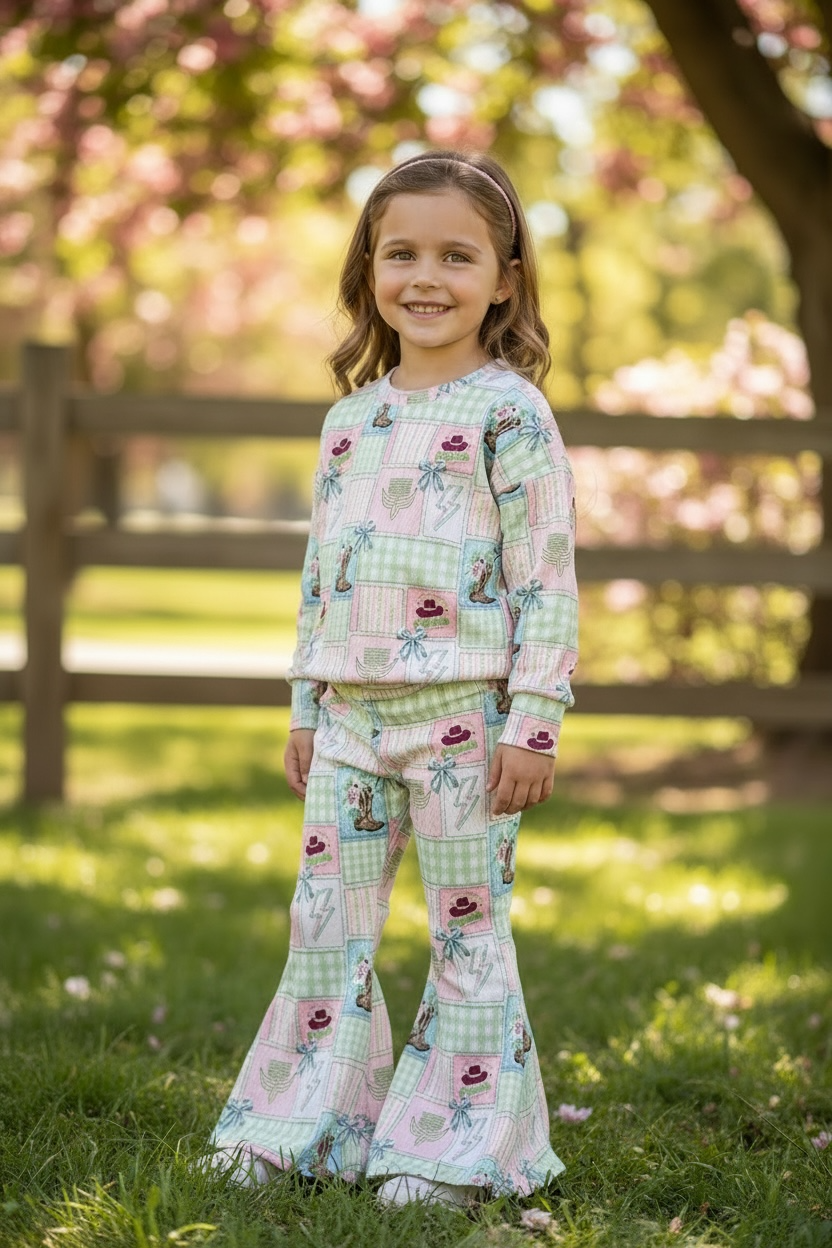 Multi- printed western patch girls 2 piece set.