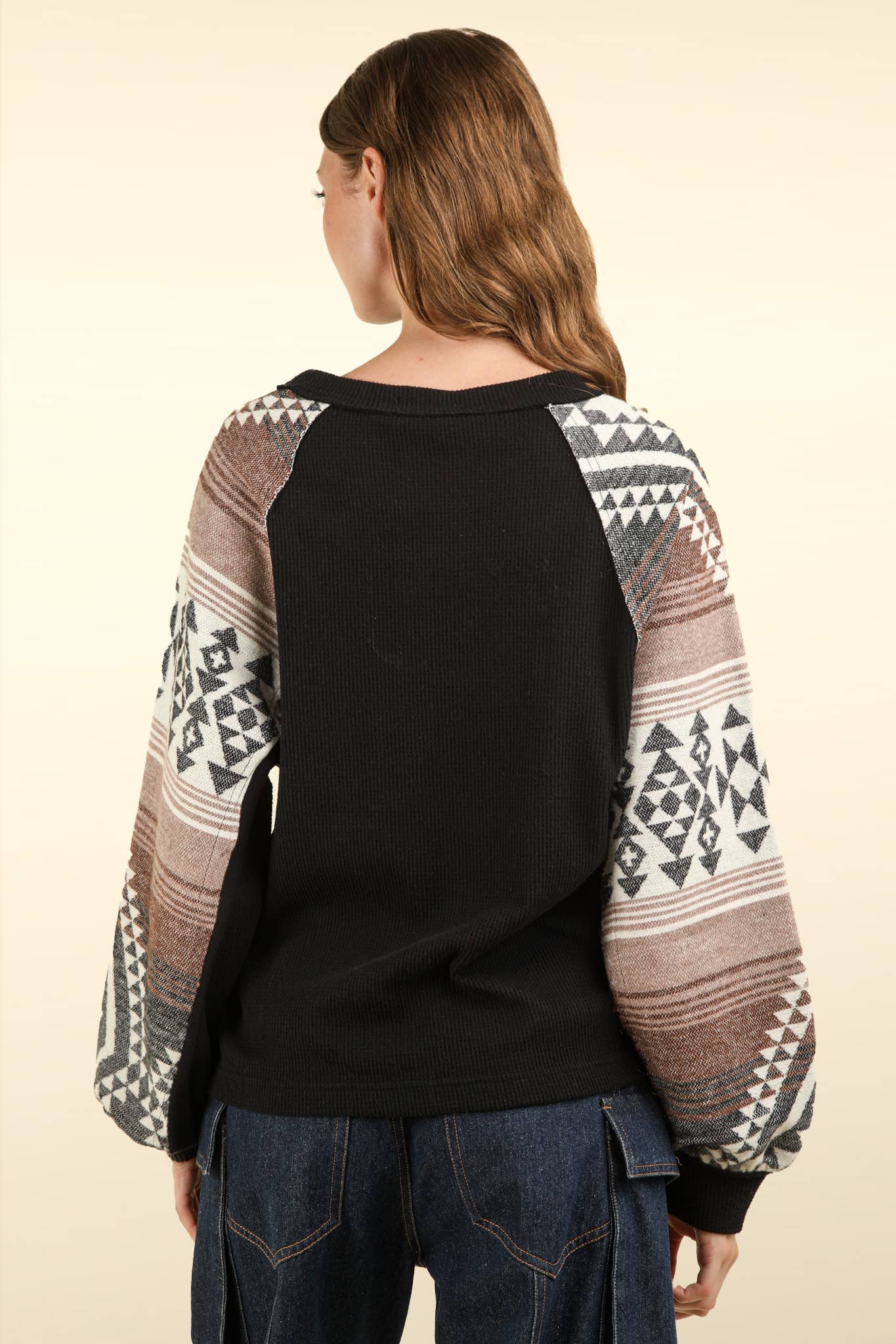 Aztec Printed Sleeve Oversized Cozy Knit Top