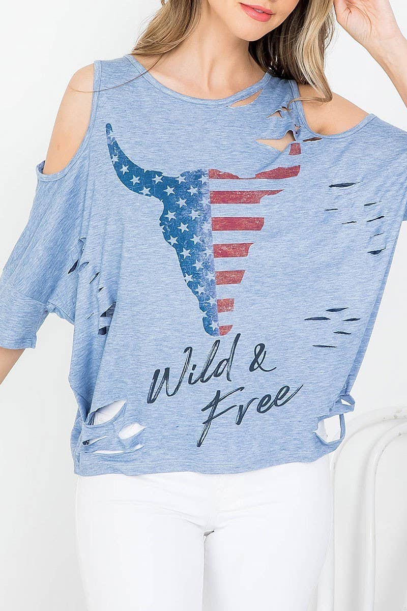 BULL HEAD  WILD N FREE  DISTRESSED BATWING TOP