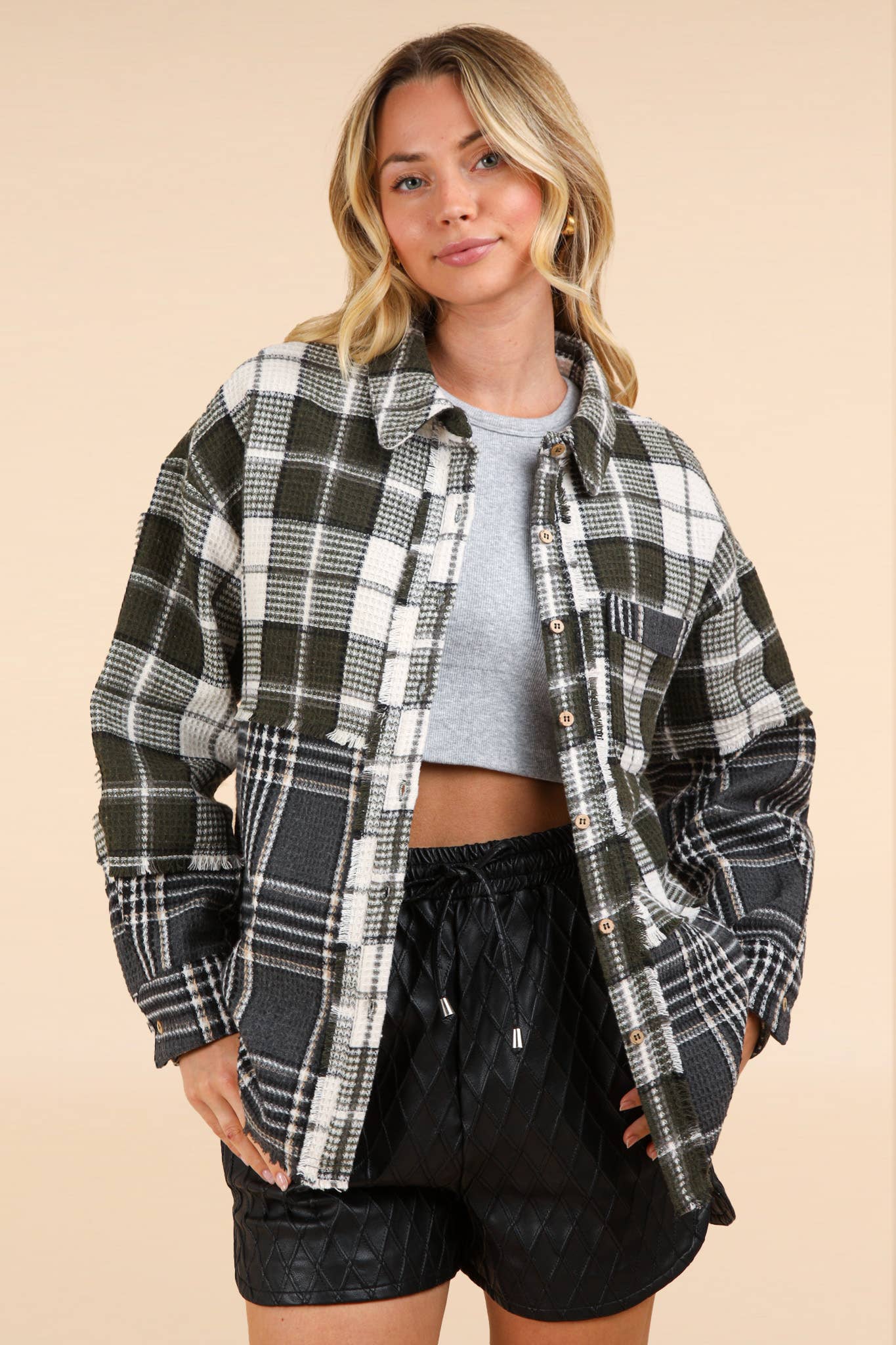 Mixed Plaid Oversized Casual Shacket Jacket