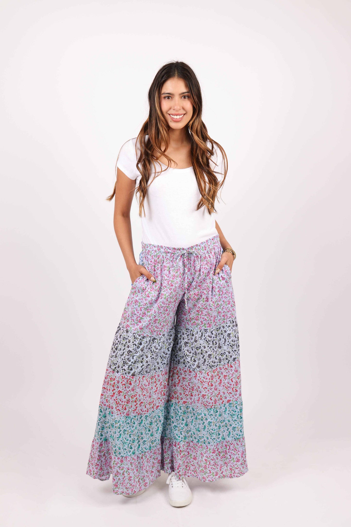 Blue Ditsy Print Cotton Palazzo Pants