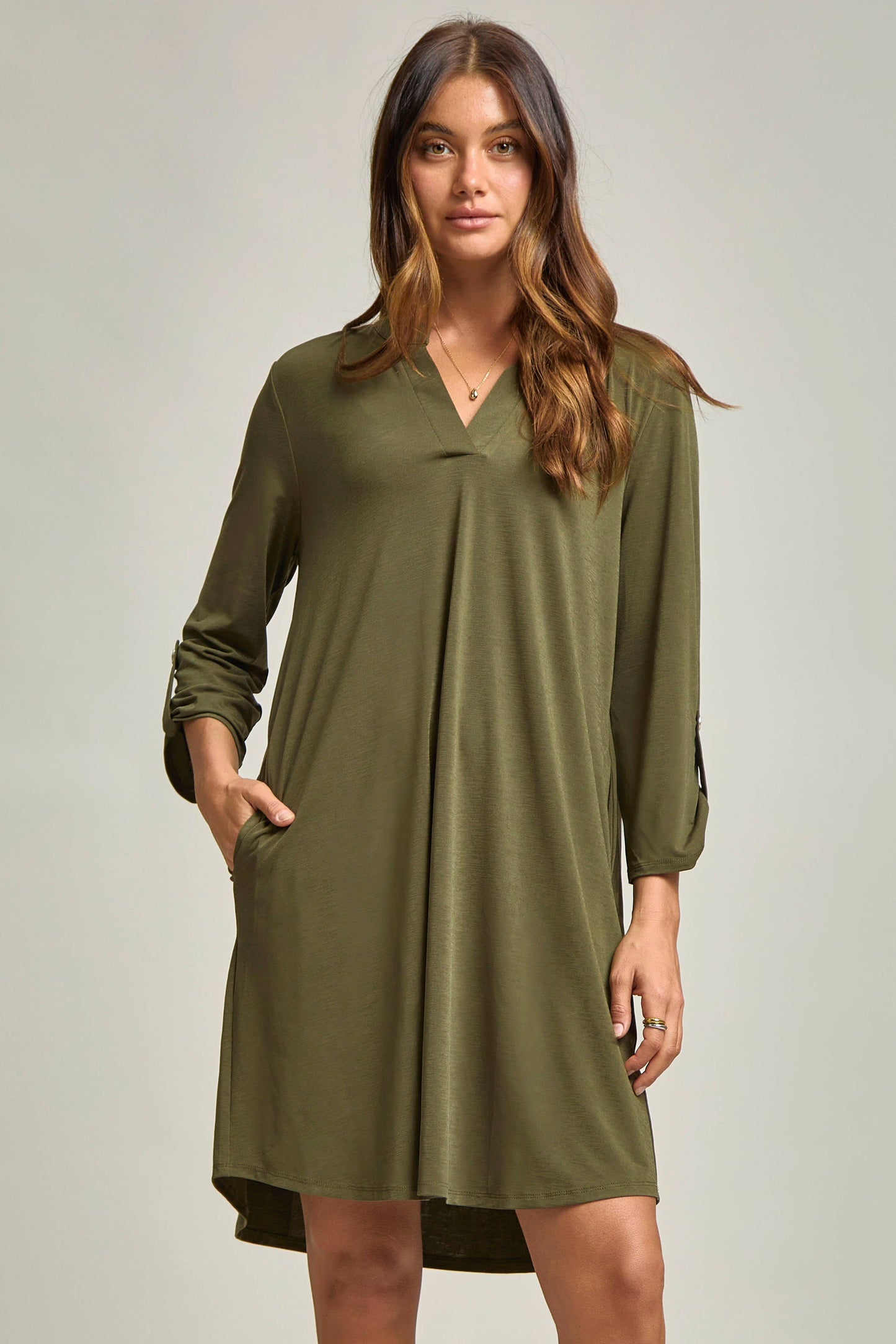 Solid A line 3/4 Sleeve Dress