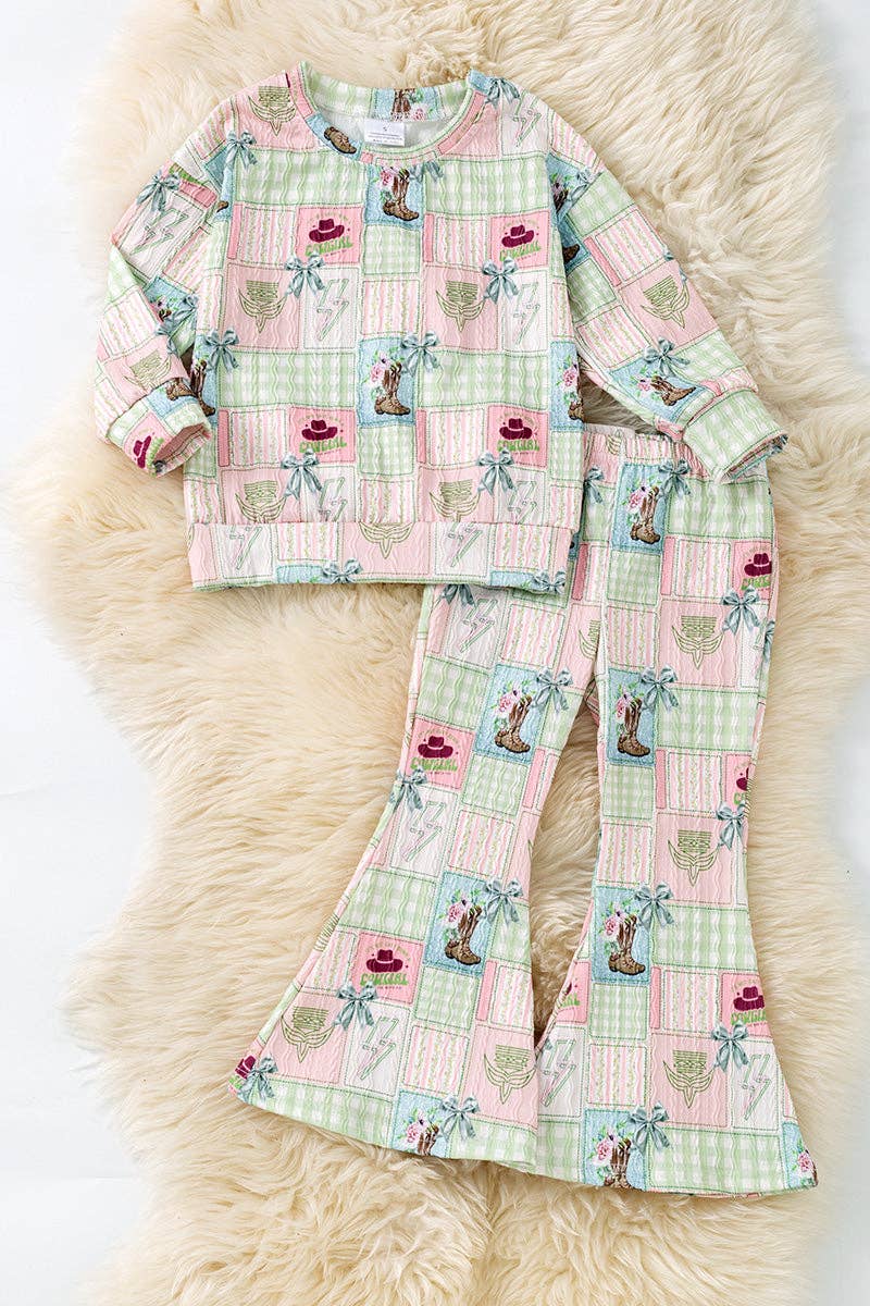 Multi- printed western patch girls 2 piece set.