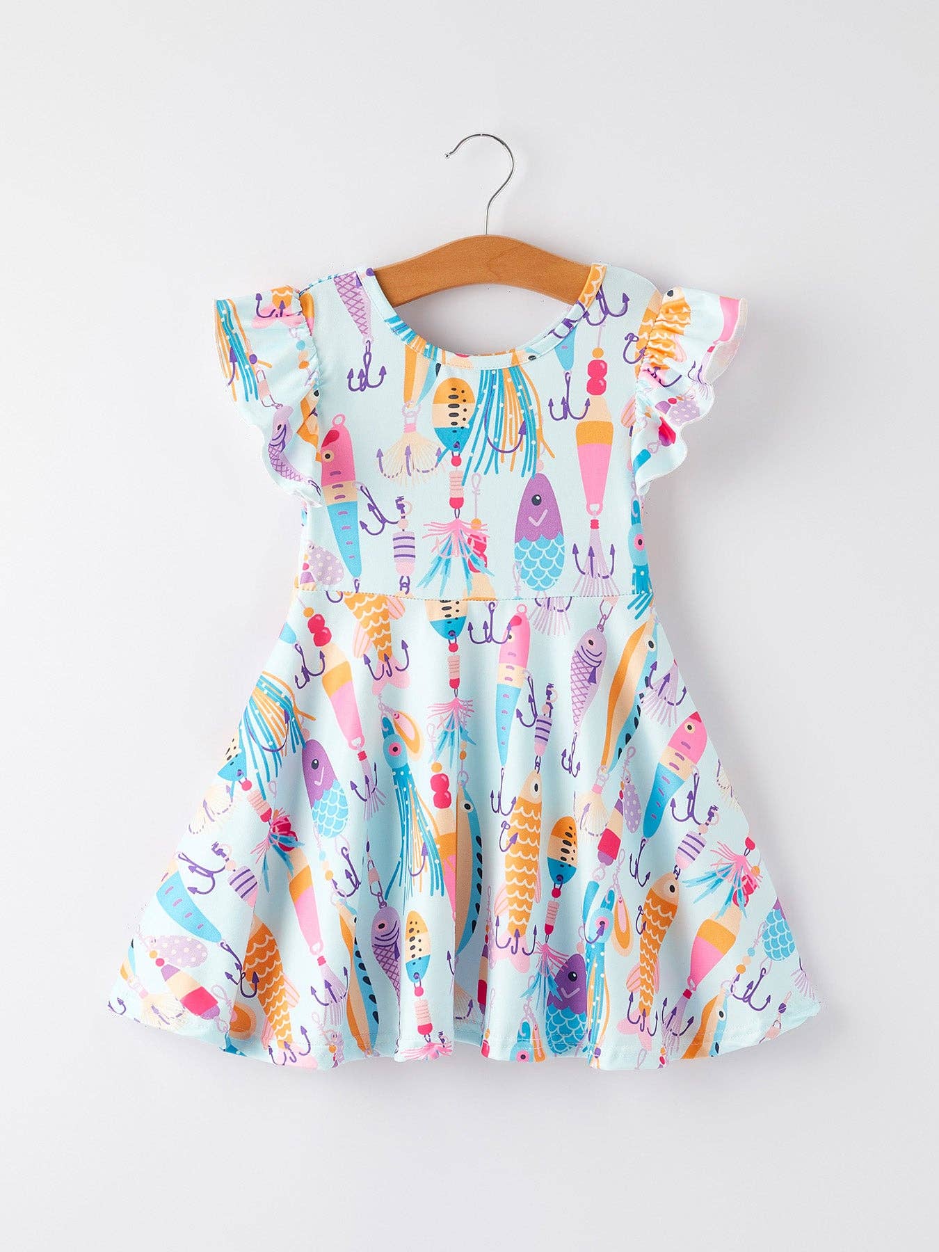 Girls Fish Print Fly Sleeve White Dress