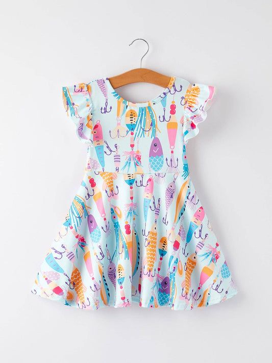 Girls Fish Print Fly Sleeve White Dress