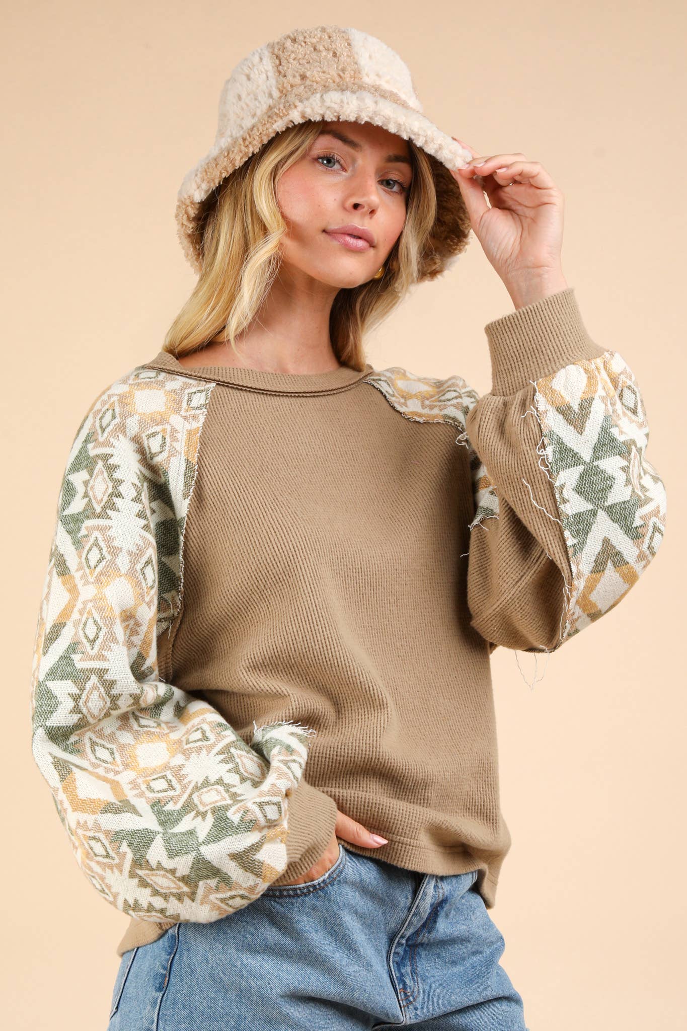 Aztec Printed Sleeve Oversized Cozy Knit Top