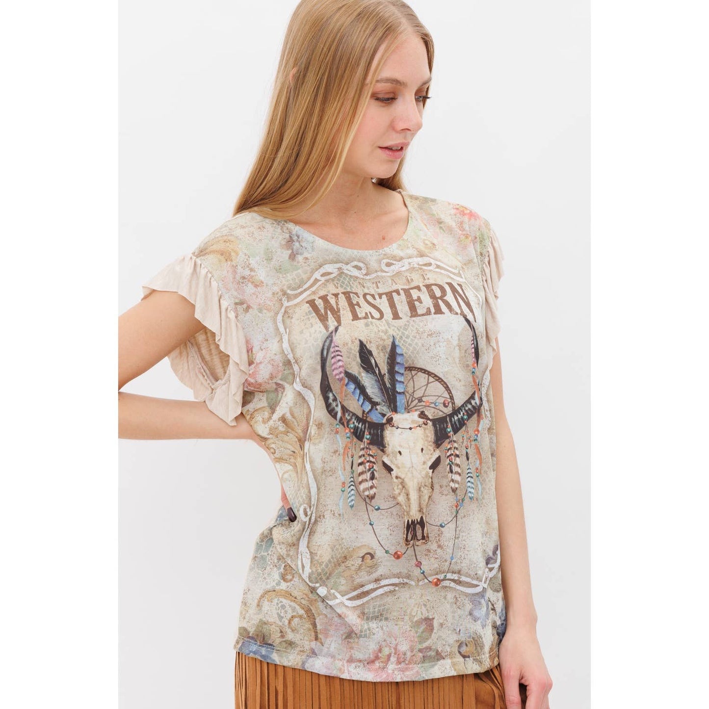 VOCAL - MULTICOLOR WESTERN PRINT RUFFLE SHORT SLEEVE KNIT TOP