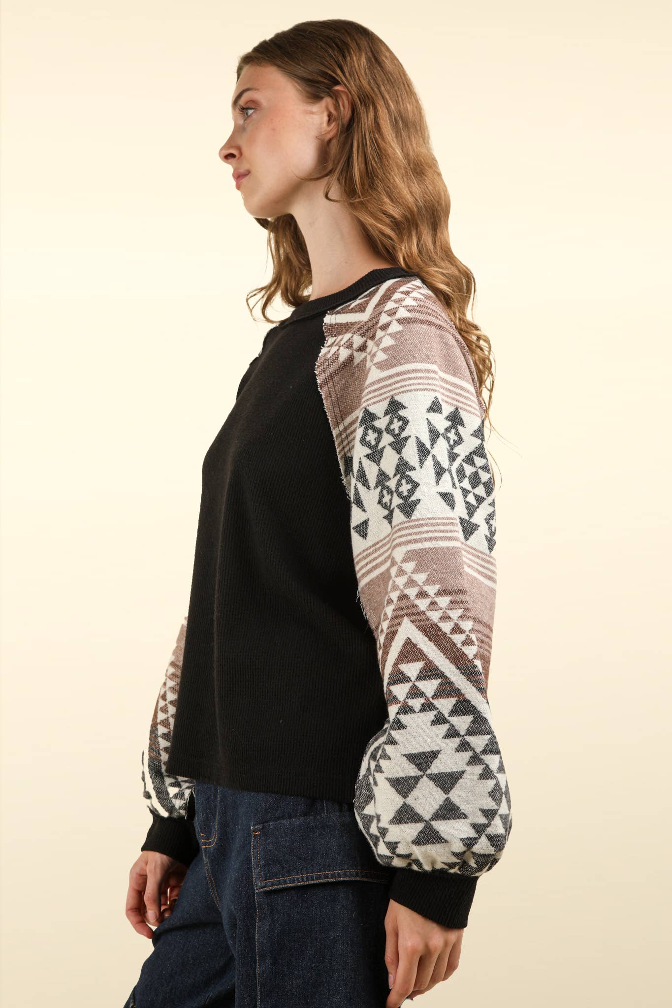 Aztec Printed Sleeve Oversized Cozy Knit Top