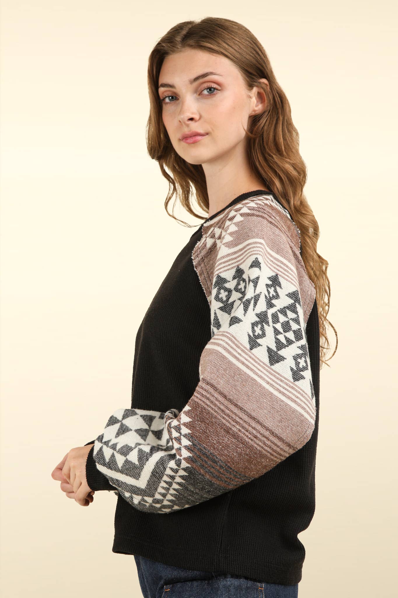 Aztec Printed Sleeve Oversized Cozy Knit Top