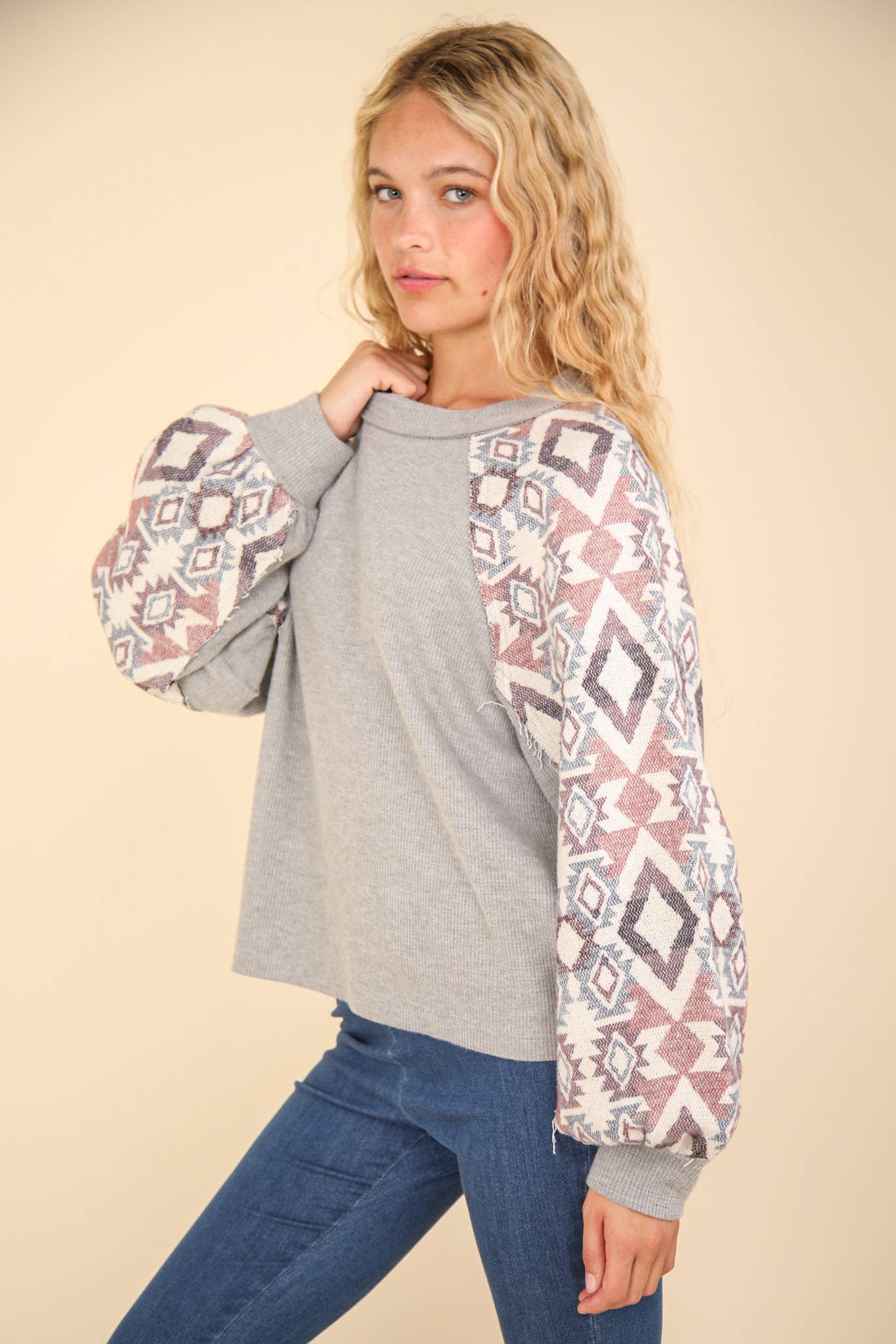 Aztec Printed Sleeve Oversized Cozy Knit Top