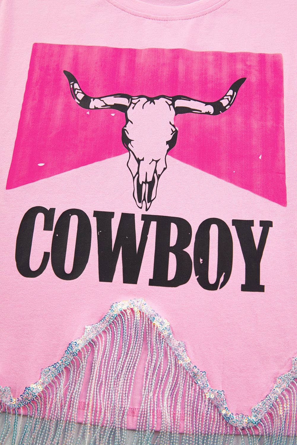 Aapparella - Women COWBOY Western Print Sequin Fringed Graphic Tee |