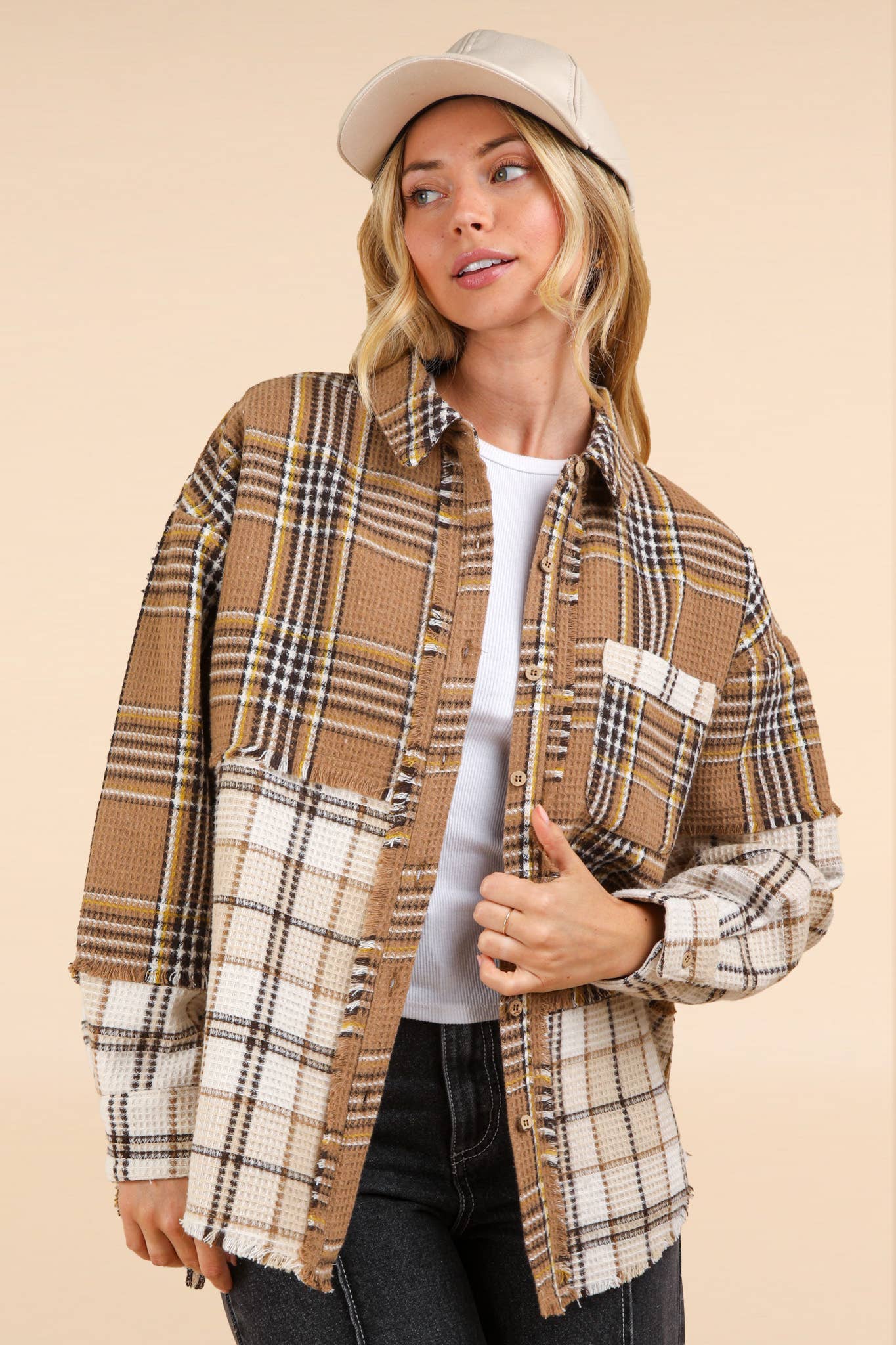 Mixed Plaid Oversized Casual Shacket Jacket