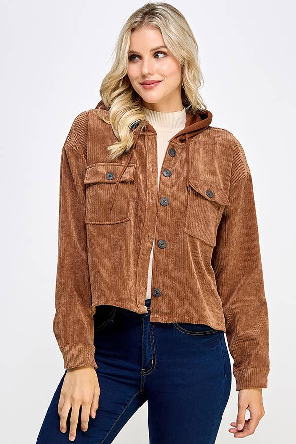 Women Corduroy Oversized Shacket, Hooded Shirt Jacket