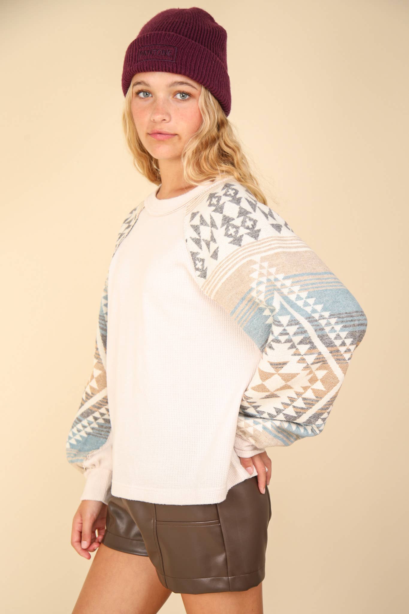 Aztec Printed Sleeve Oversized Cozy Knit Top