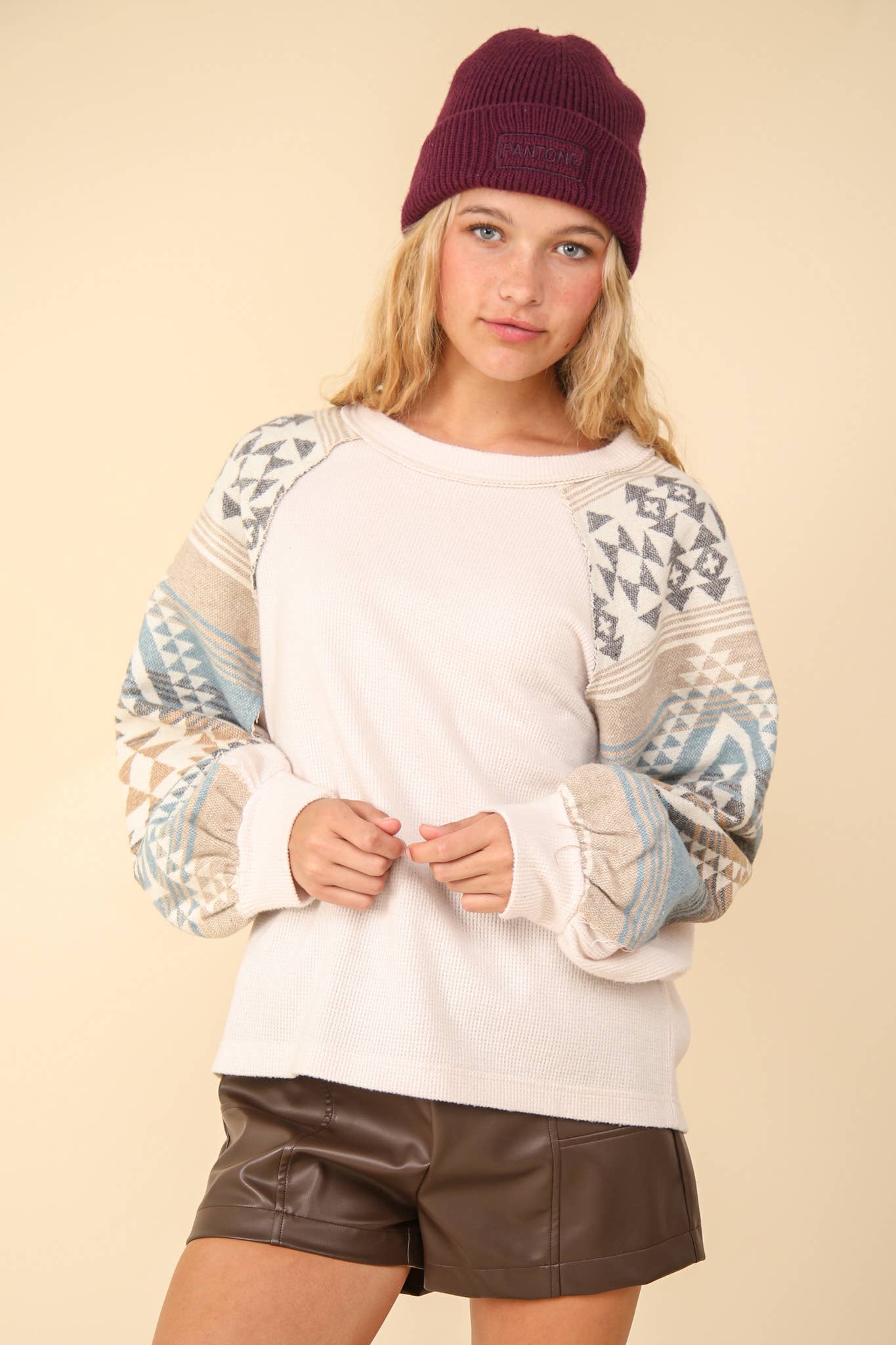 Aztec Printed Sleeve Oversized Cozy Knit Top