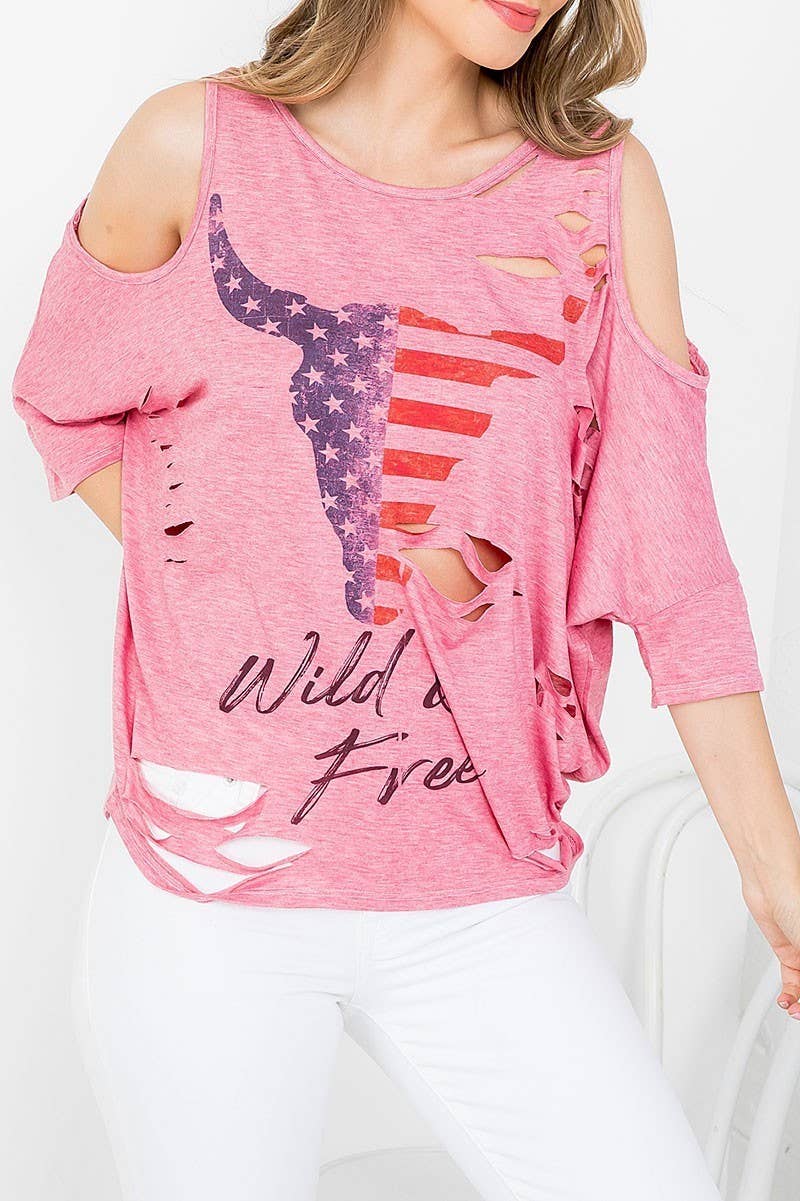 BULL HEAD  WILD N FREE  DISTRESSED BATWING TOP