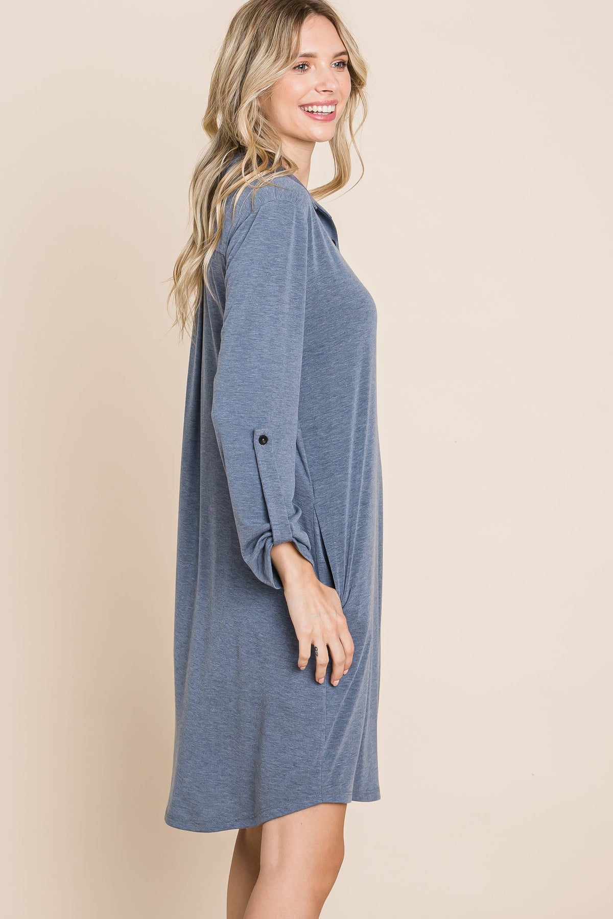 Solid Button Up Knee Dress