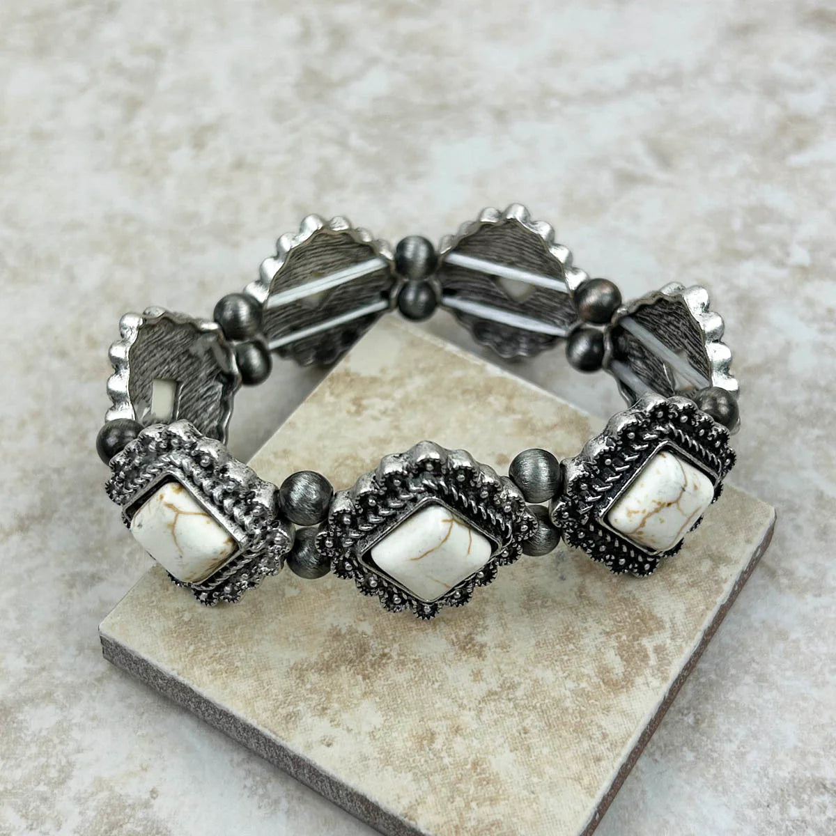 SOUTHWEST STYLE SILVER NATURAL STONE CONCHO STRETCH BRACELET