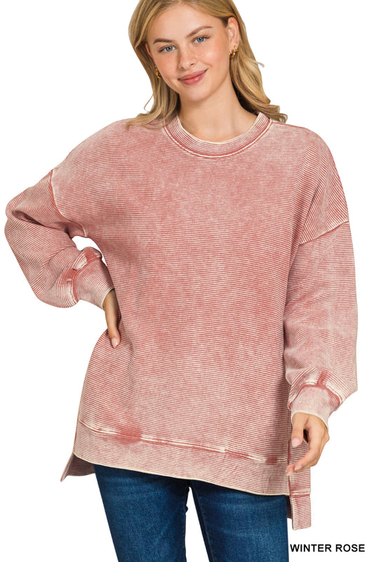 ACID WASHED DOUBLE RIBBED HI-LOW PULLOVER
