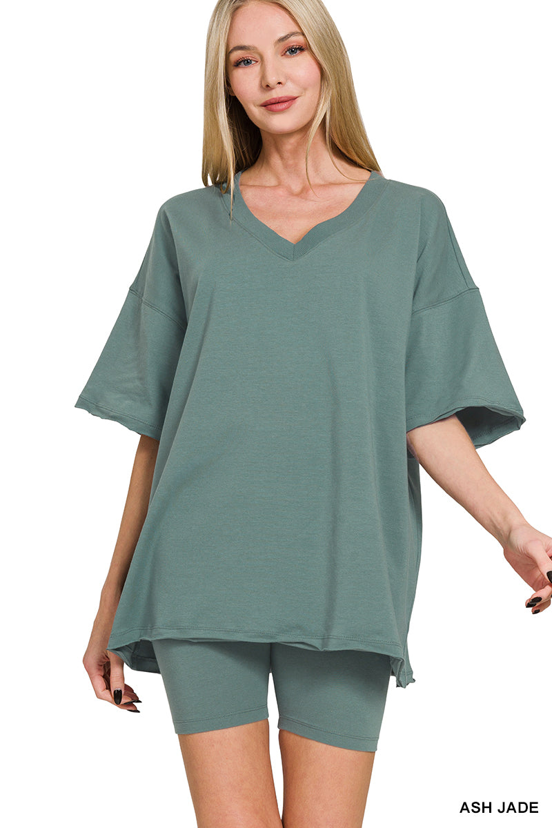 COTTON V-NECK TOP & BIKER SHORTS SET