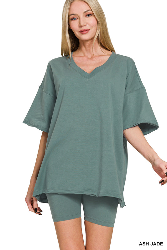 COTTON V-NECK TOP & BIKER SHORTS SET