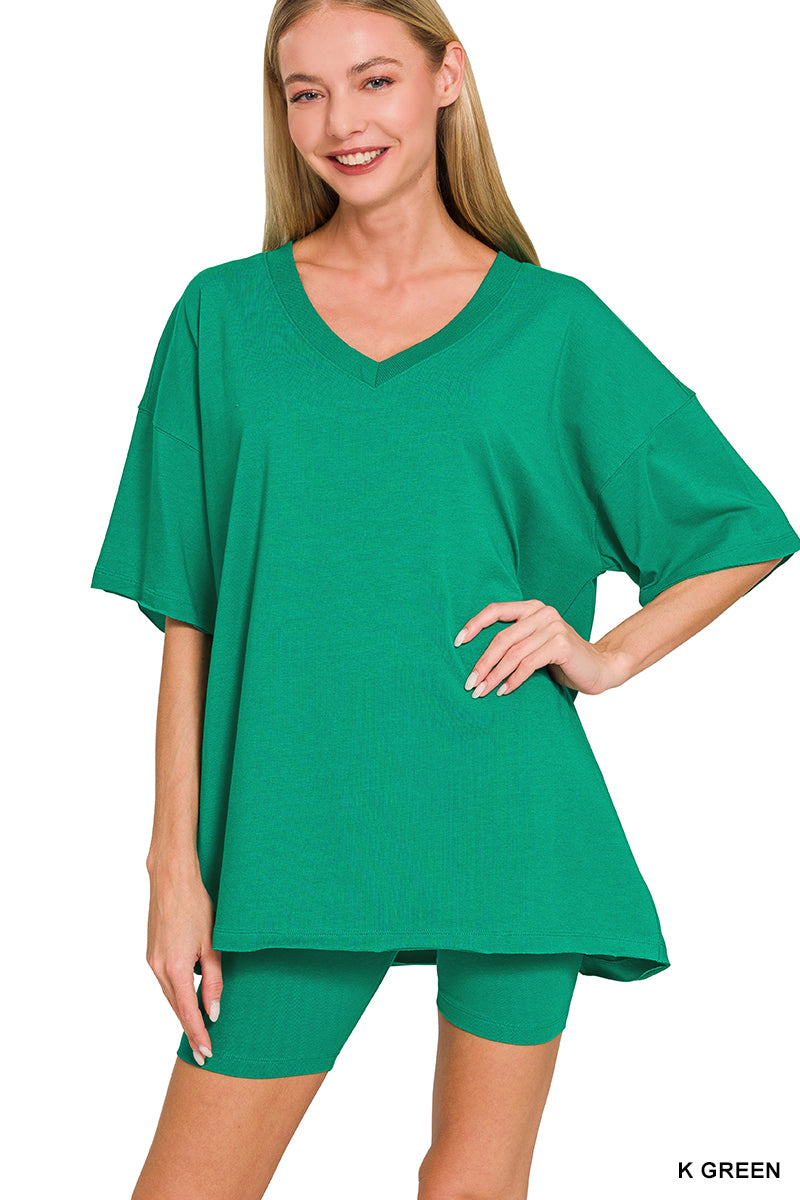 COTTON V-NECK TOP & BIKER SHORTS SET
