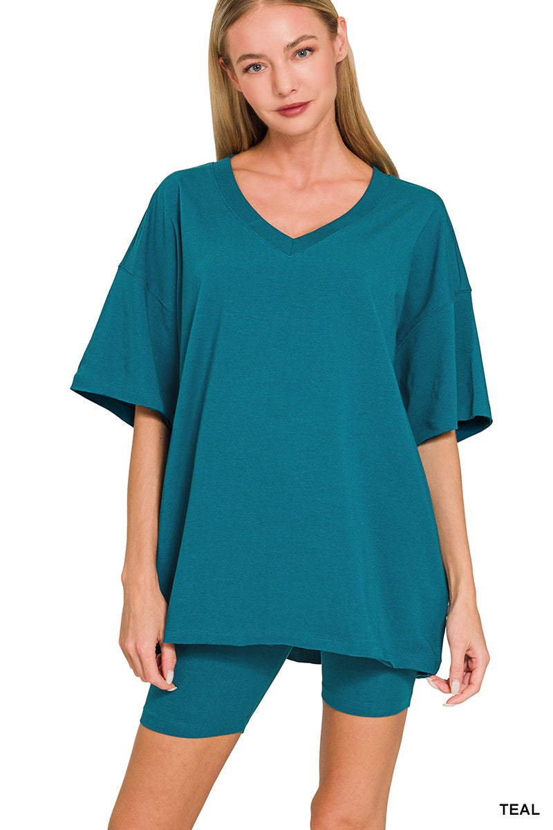 COTTON V-NECK TOP & BIKER SHORTS SET