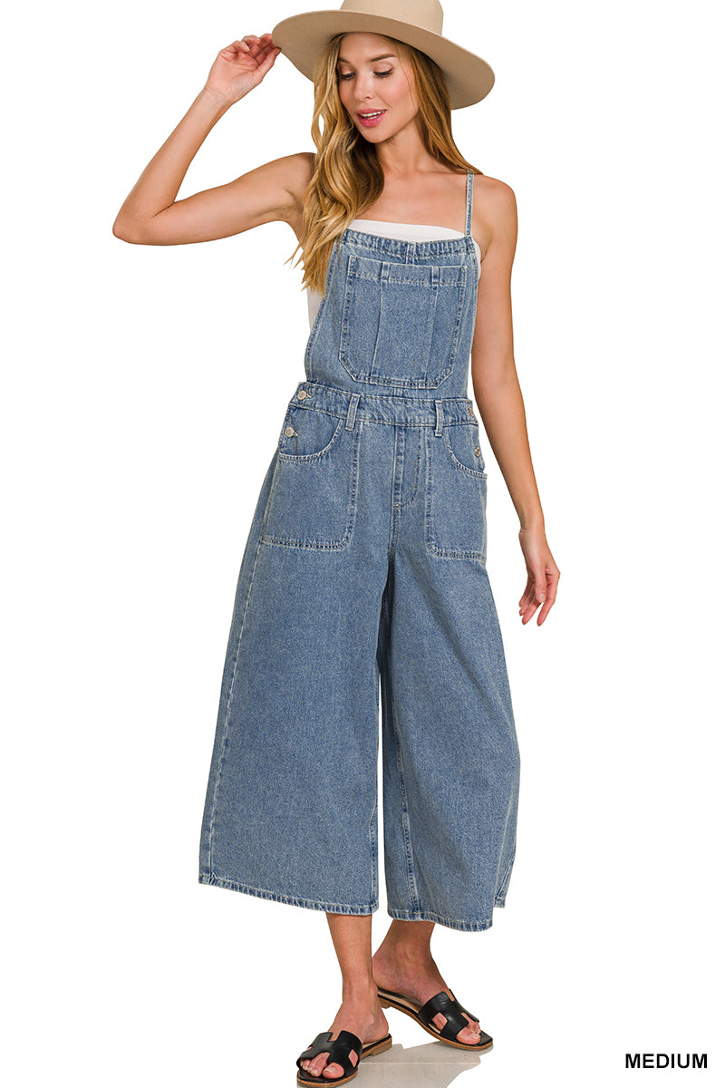 DENIM MEDIUM WASHED WIDE LEG OVERALLS