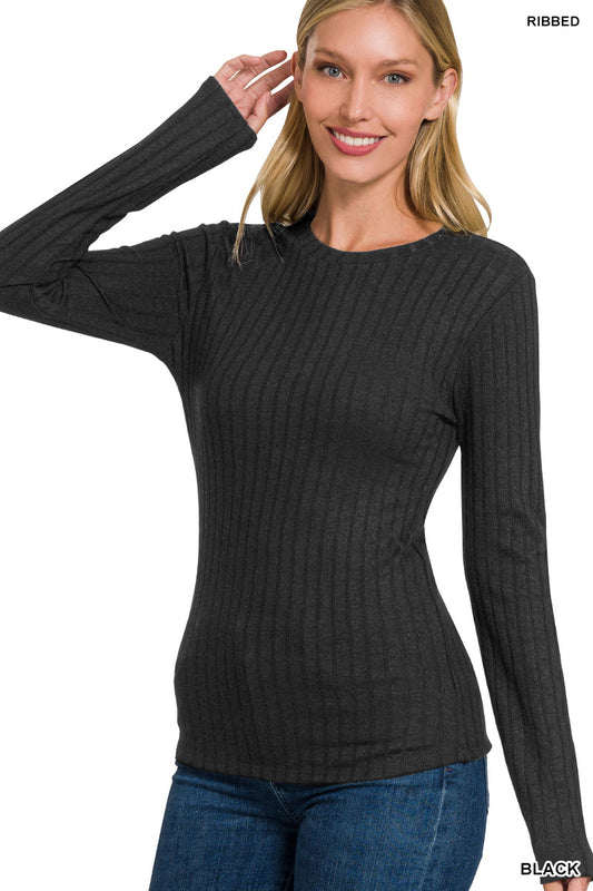 RIBBED LONG SLEEVE ROUND NECK TOP