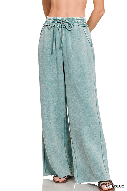 ACID WASH FLEECE PALAZZO SWEATPANTS WITH POCKETS