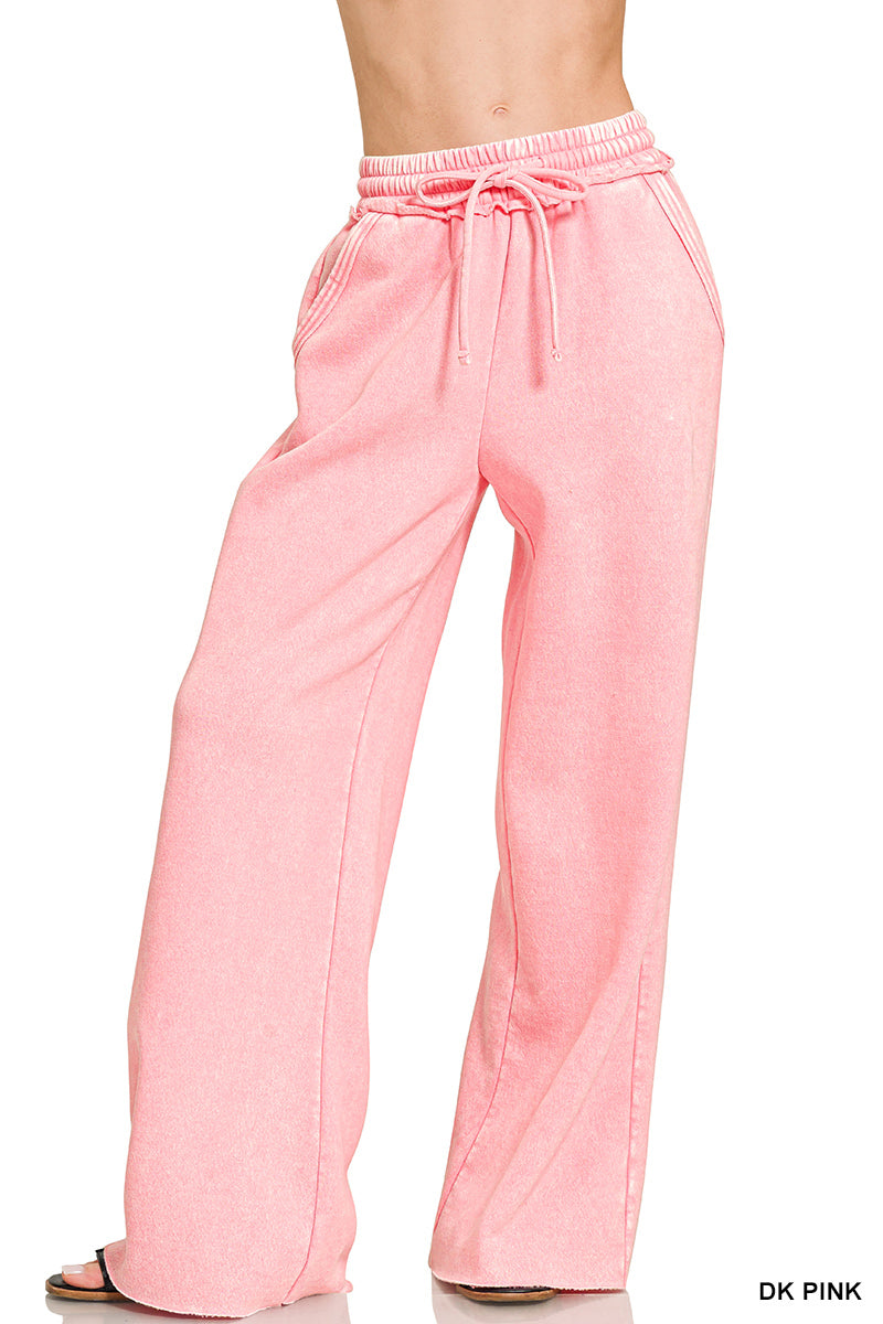 ACID WASH FLEECE PALAZZO SWEATPANTS WITH POCKETS