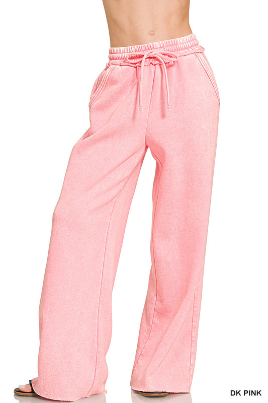 ACID WASH FLEECE PALAZZO SWEATPANTS WITH POCKETS