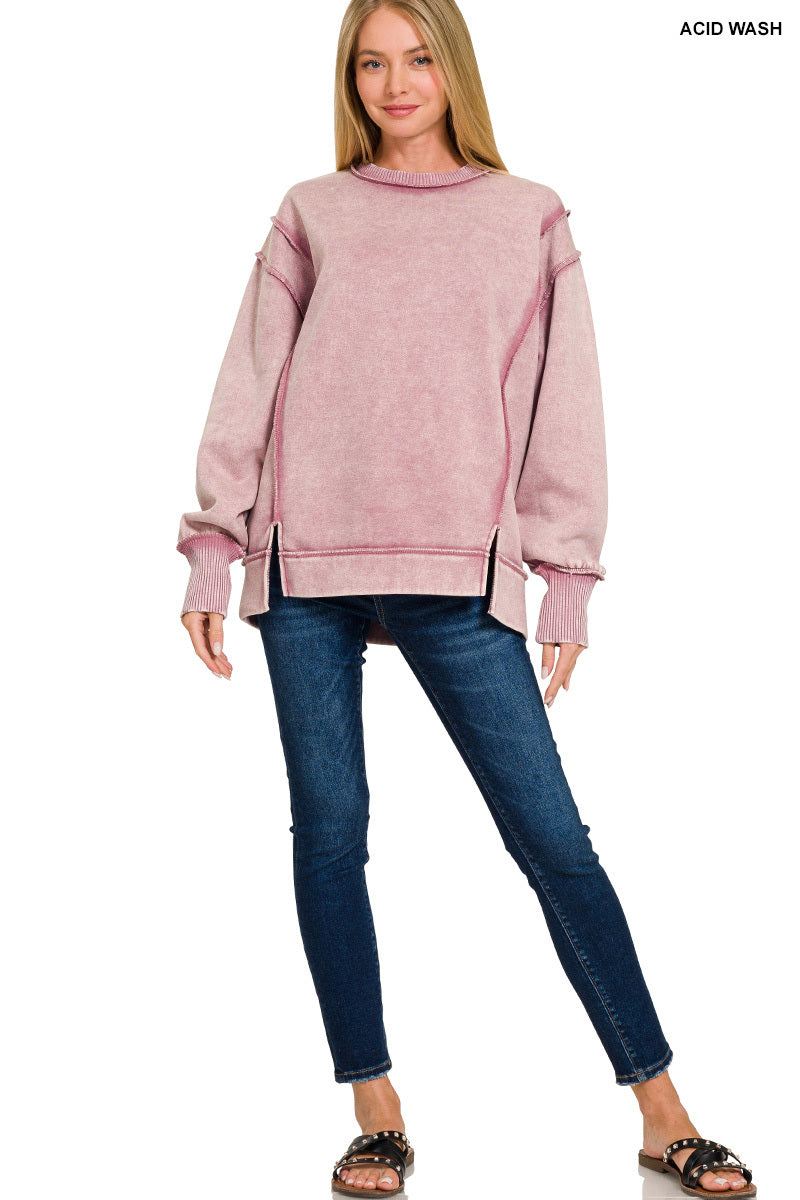 ACID WASH EXPOSED-SEAM FLEECE SWEATSHIRT