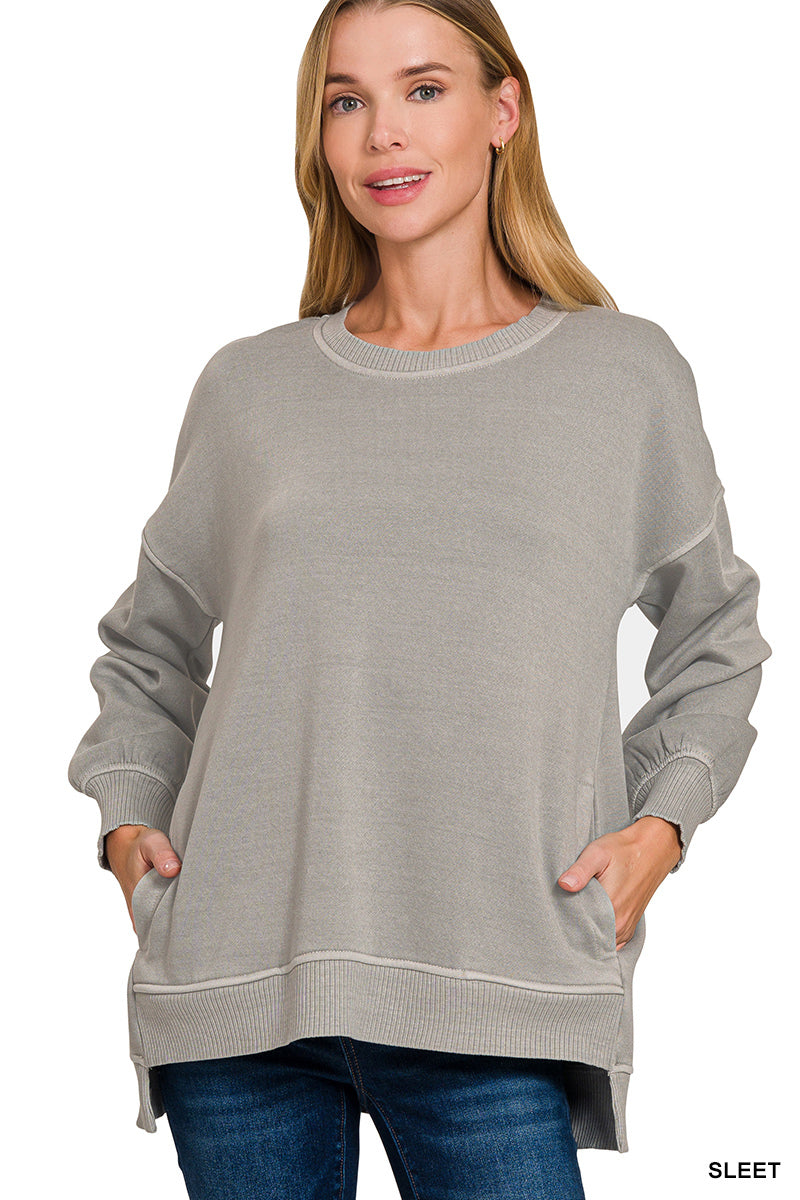 PIGMENT DYE FLEECE HI-LOW HEM PULLOVER WITH POCKET