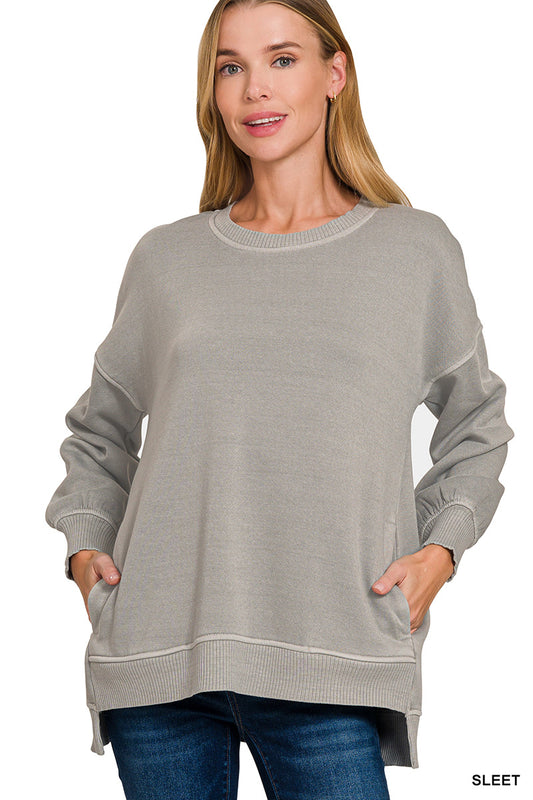 PIGMENT DYE FLEECE HI-LOW HEM PULLOVER WITH POCKET