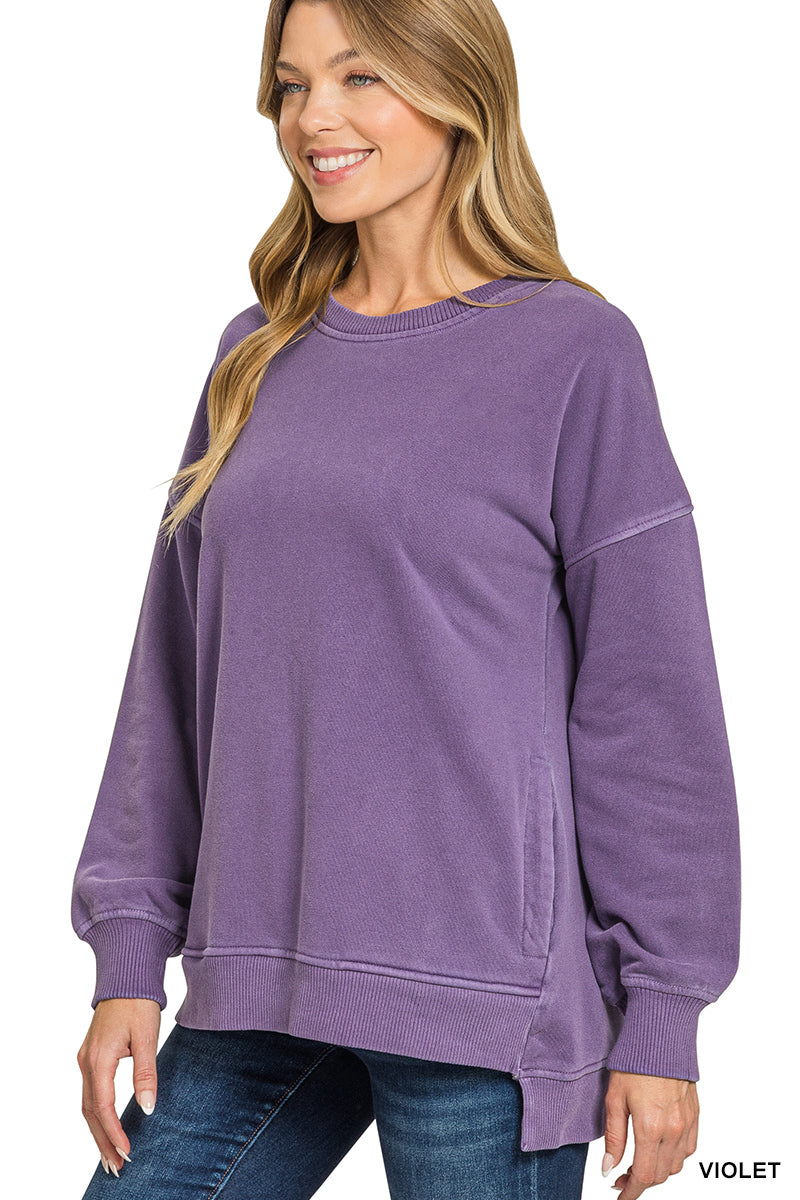 PIGMENT DYE FLEECE HI-LOW HEM PULLOVER WITH POCKET