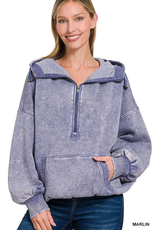 FLEECE WASHED DRAWSTRING HEM HALF ZIP KANGAROO HOODIE