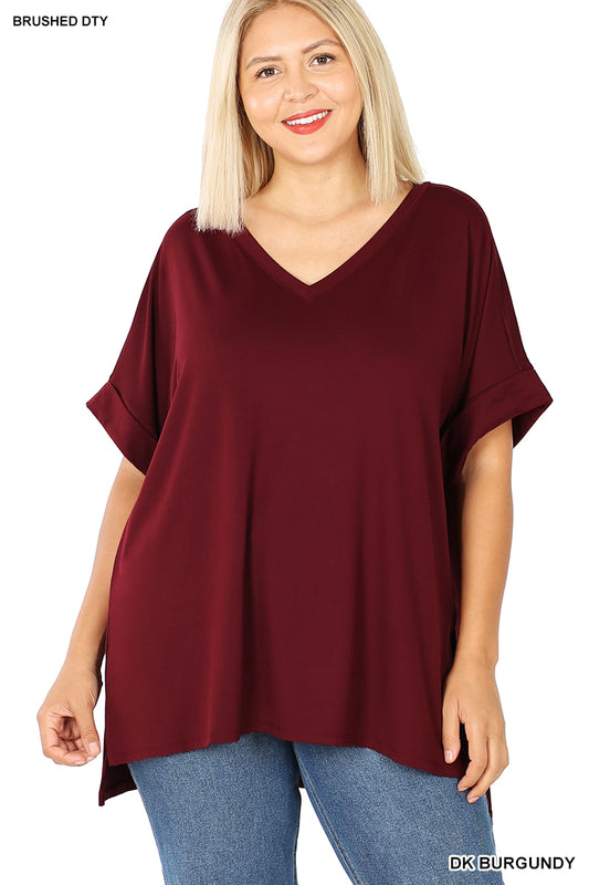 PLUS BRUSHED DTY ROLLED SHORT SLEEVE V-NECK TOP
