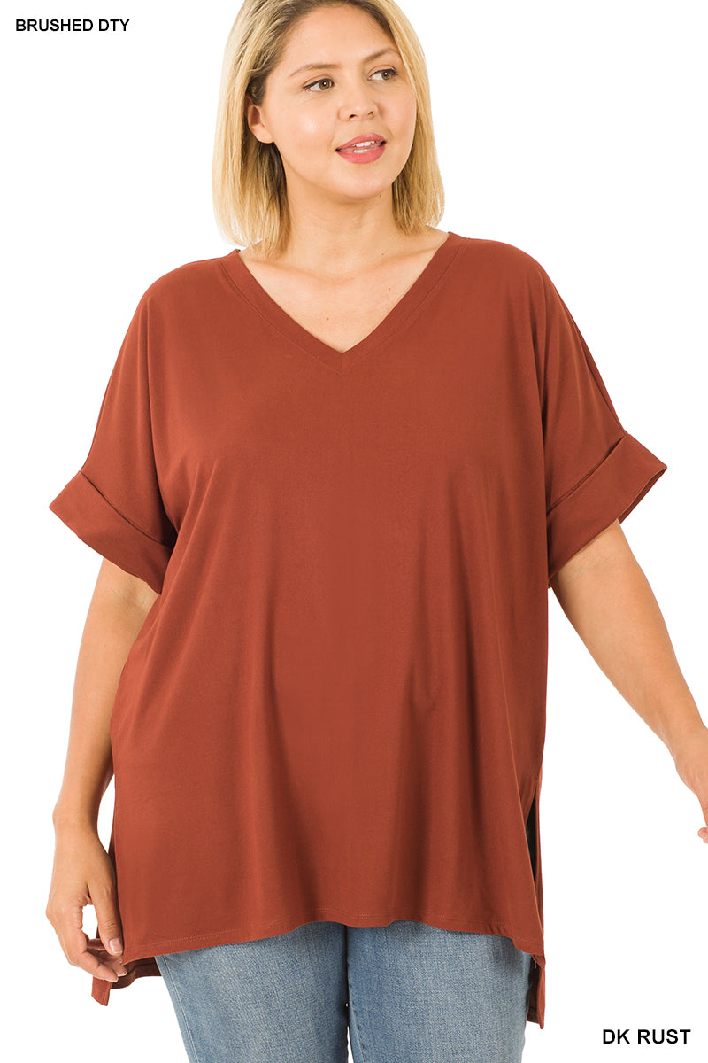 PLUS BRUSHED DTY ROLLED SHORT SLEEVE V-NECK TOP