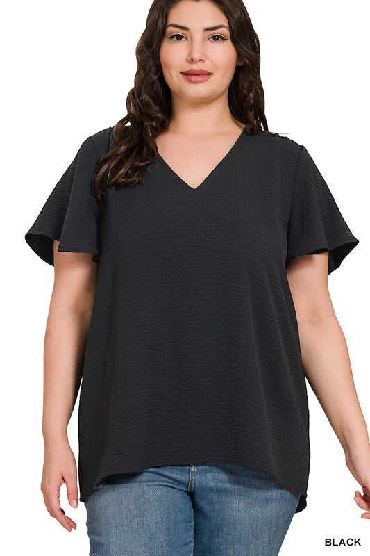 PLUS WOVEN AIRFLOW FLUTTER SLEEVE TOP