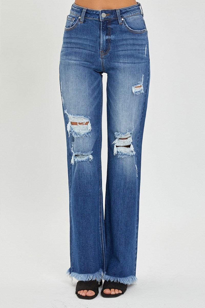 HIGH RISE KNEE DISTRESSED WIDE STRAIGHT