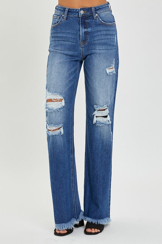 HIGH RISE KNEE DISTRESSED WIDE STRAIGHT JEANS / PLUS