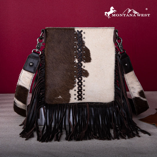 MONTANA WEST GENUINE LEATHER HAIR-ON COLLECTION FRINGE CROSSBODY WITH DETAILED LEATHER STRAP