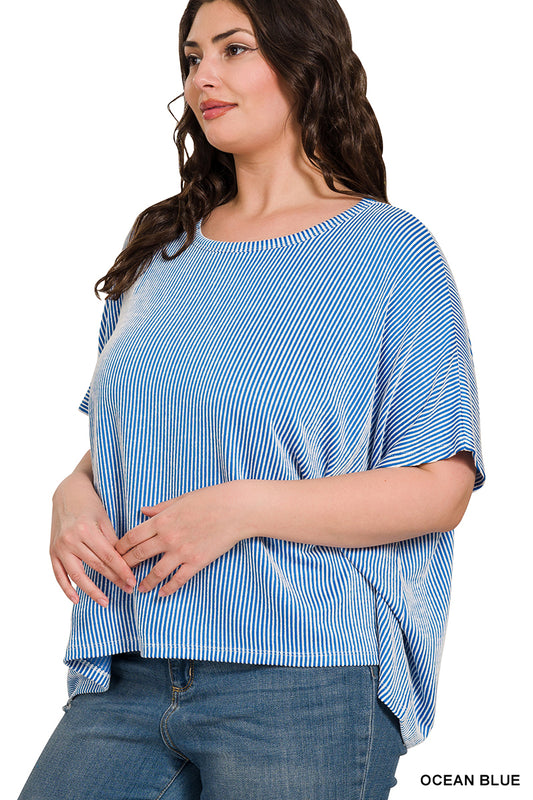 PLUS RIBBED STRIPED OVERSIZED SHORT SLEEVE TOP RRT-8391X